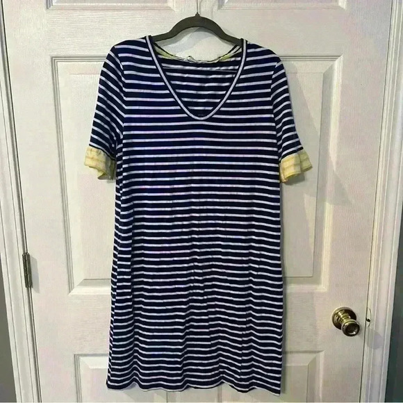 Boden USA Boden Blue White Striped Dress Yellow Ruffle Sleeves Vneck - Picture 2 of 4
